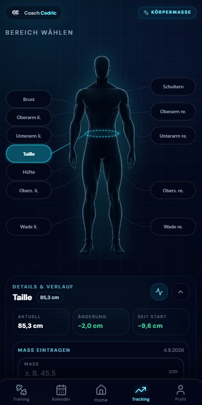 Körpermaße der Coach Cedric App mit Auswahl des Messpunkts und Verlauf seit dem Start.