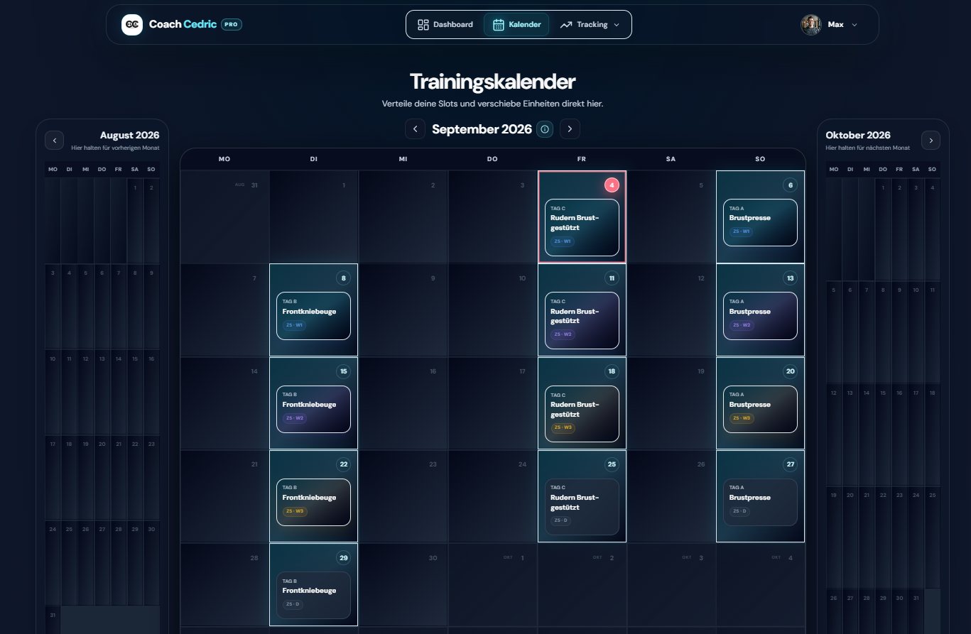 Echter Screenshot des Trainingskalenders der Coach Cedric App mit Beispieldaten: Monatsansicht September 2026, in der die Einheiten Tag A, Tag B und Tag C jeweils mit Zyklus und Trainingswoche gekennzeichnet sind
