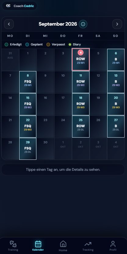 Trainingskalender der Coach Cedric App mit geplanten, erledigten und verpassten Einheiten.