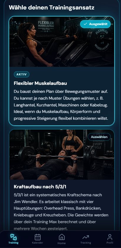 Plan Setup der Coach Cedric App mit den Trainingsansätzen Flexibler Muskelaufbau und Kraftaufbau nach 5/3/1.