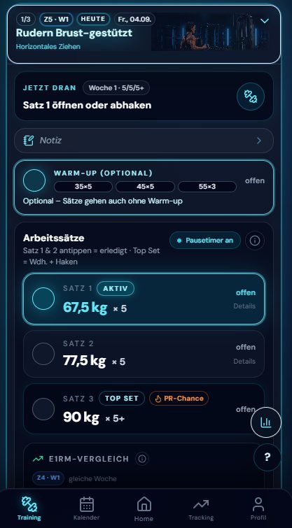 Trainingsansicht der Coach Cedric App mit Arbeitssätzen, Gewichten, Top Set und Pausentimer.