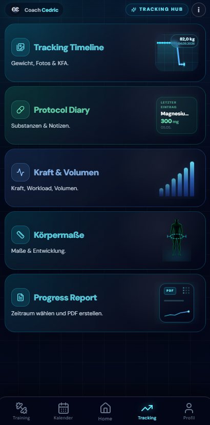 Tracking Hub der Coach Cedric App mit Timeline, Protocol Diary, Kraft & Volumen, Körpermaßen und Progress Report.