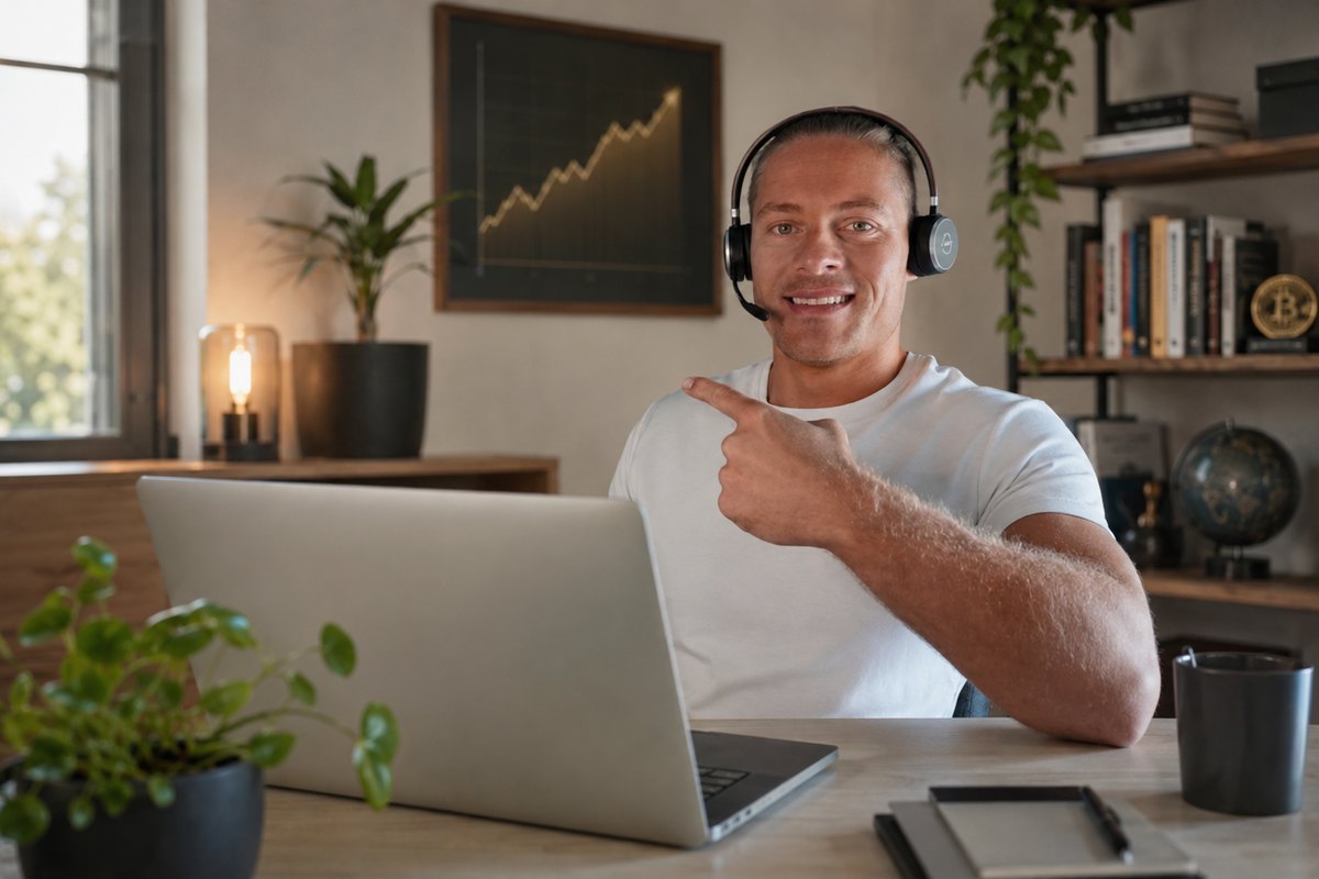 Coach Cedric mit Headset im Online-Coaching zu Finanzgrundlagen und Bitcoin