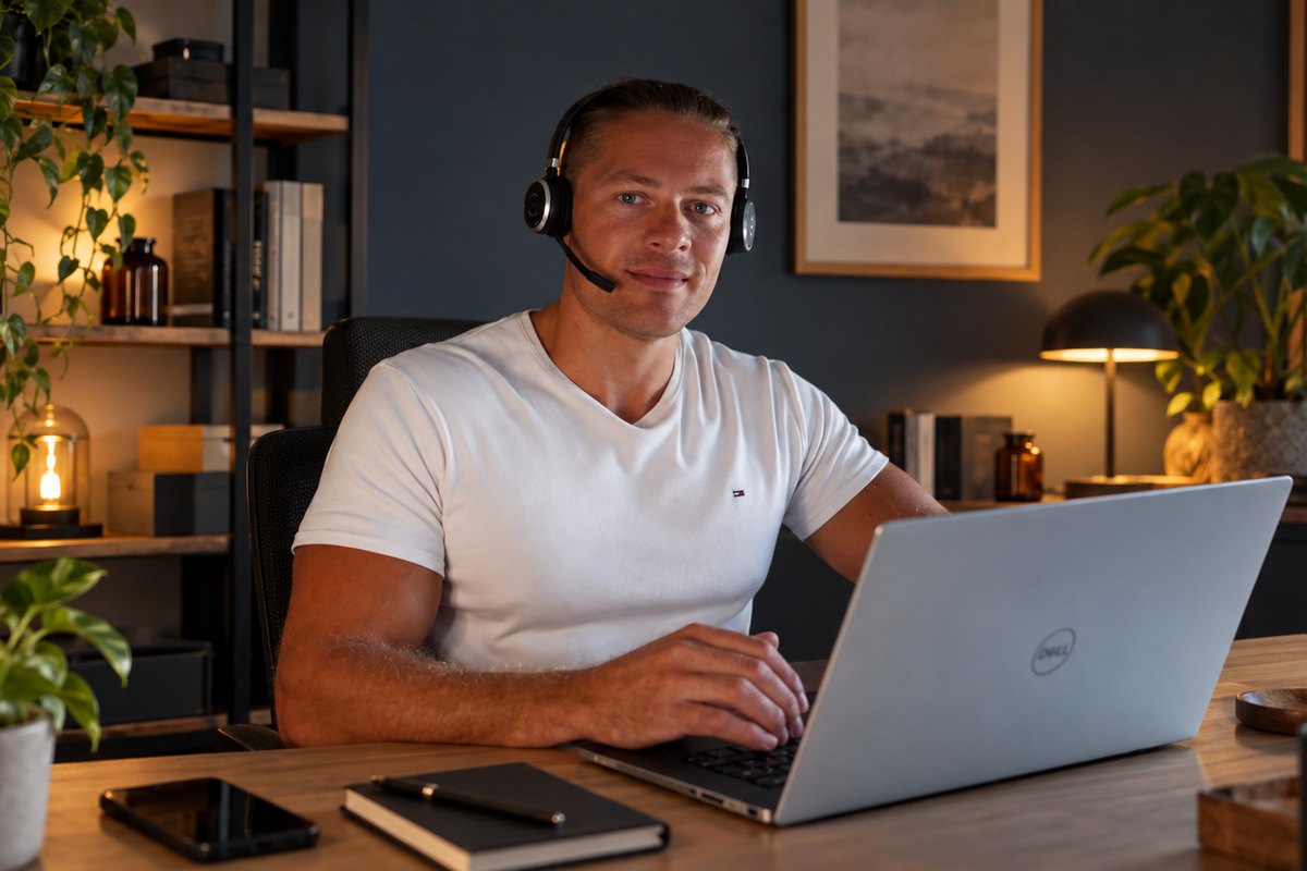 Coach Cedric mit Headset am Laptop in einem ruhigen Arbeitszimmer für ein Einzelgespräch