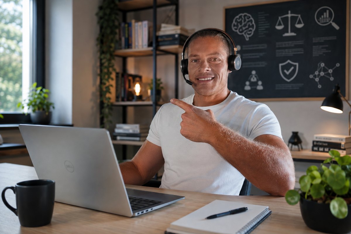 Coach Cedric mit Headset am Laptop vor einer Tafel mit Symbolen für Abwägung, Sicherheit und sachliche Einordnung