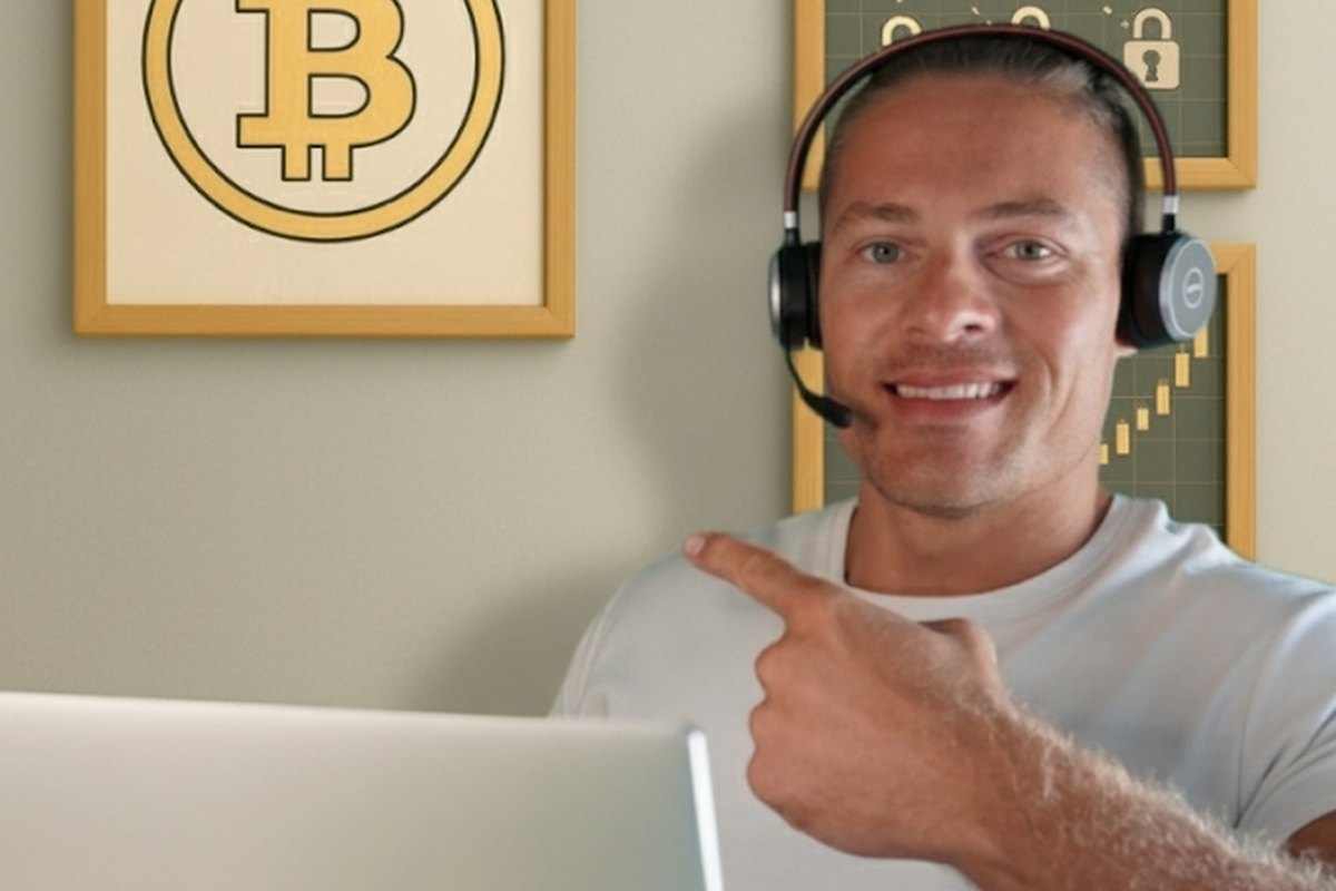 Coach Cedric im Online-Coaching vor einem Bitcoin-Motiv