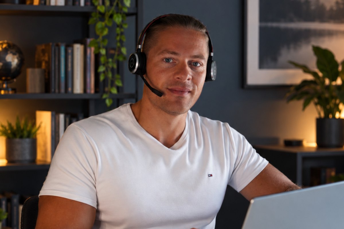 Coach Cedric mit Headset am Laptop während einer Online-Beratung