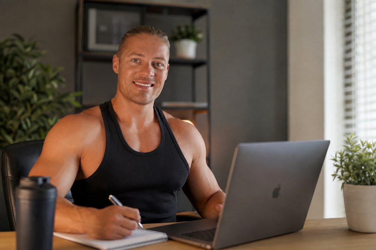 Coach Cedric am Laptop während eines Online-1:1-Fitness-Coachings