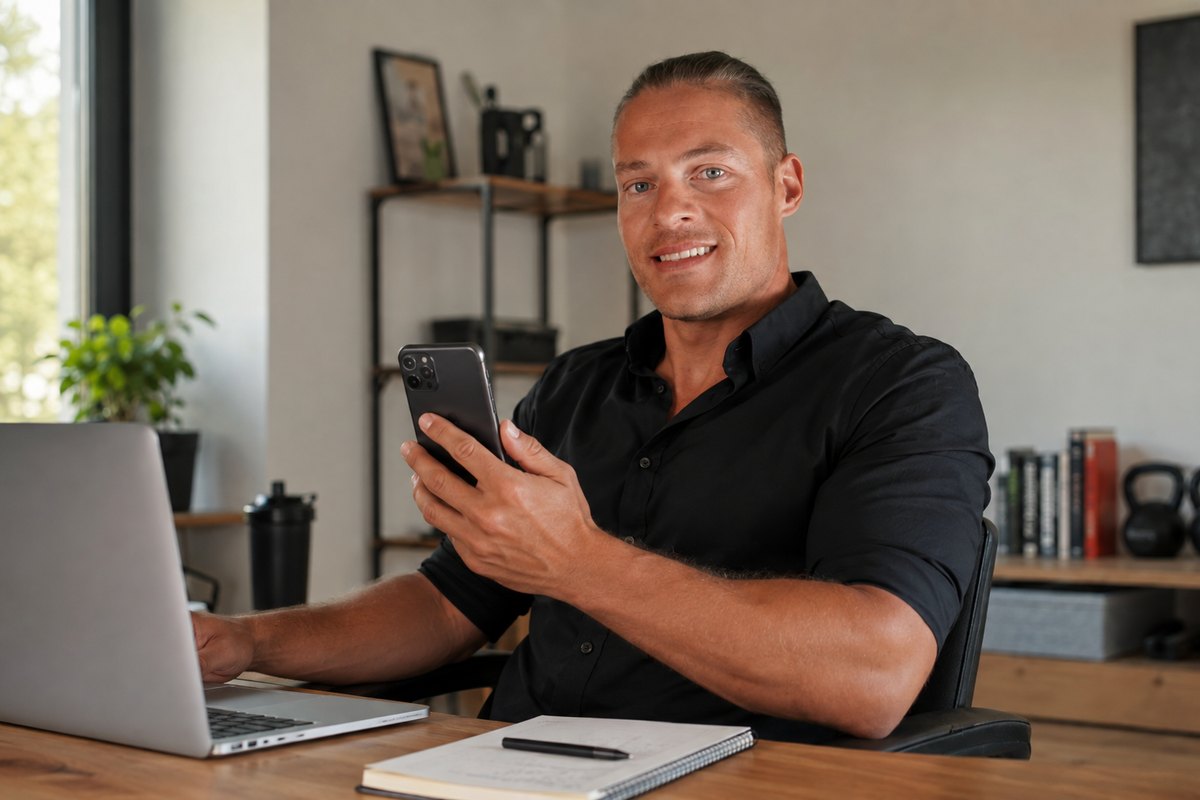 Coach Cedric am Schreibtisch mit dem Smartphone während der WhatsApp-Begleitung
