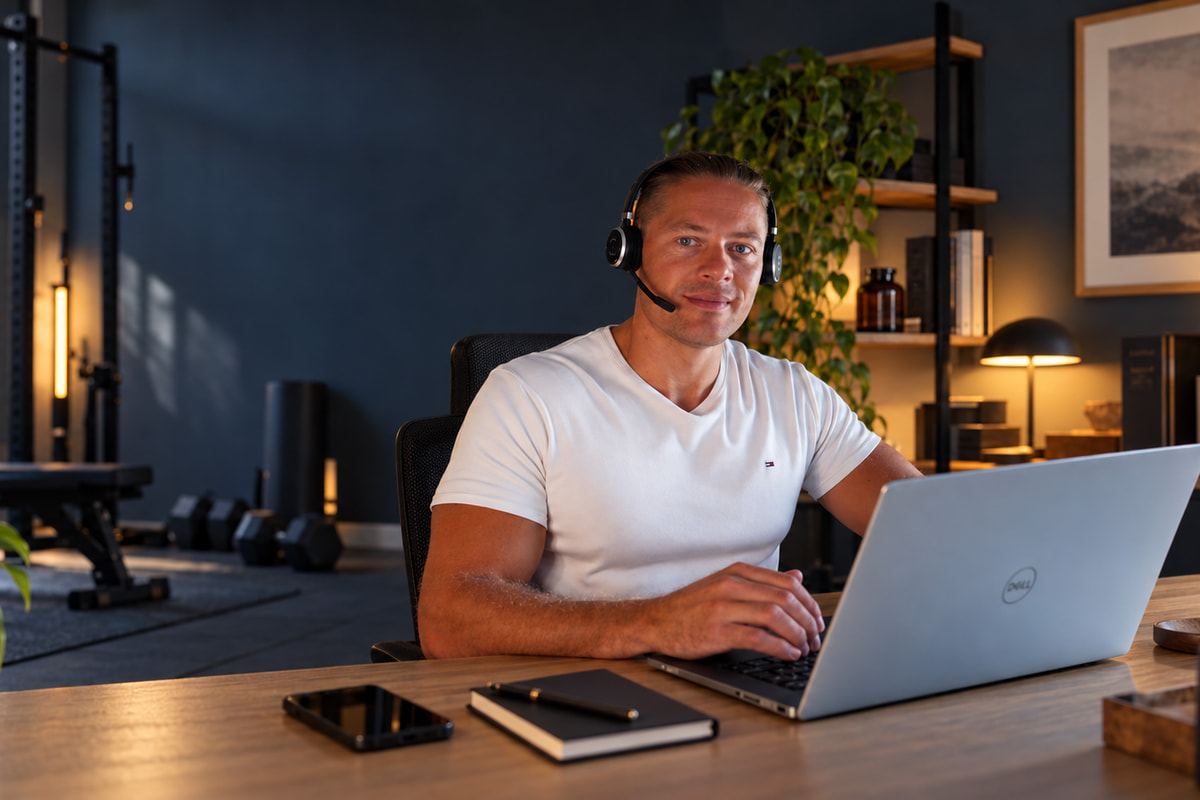 Coach Cedric wearing a headset at his laptop in his training and workspace