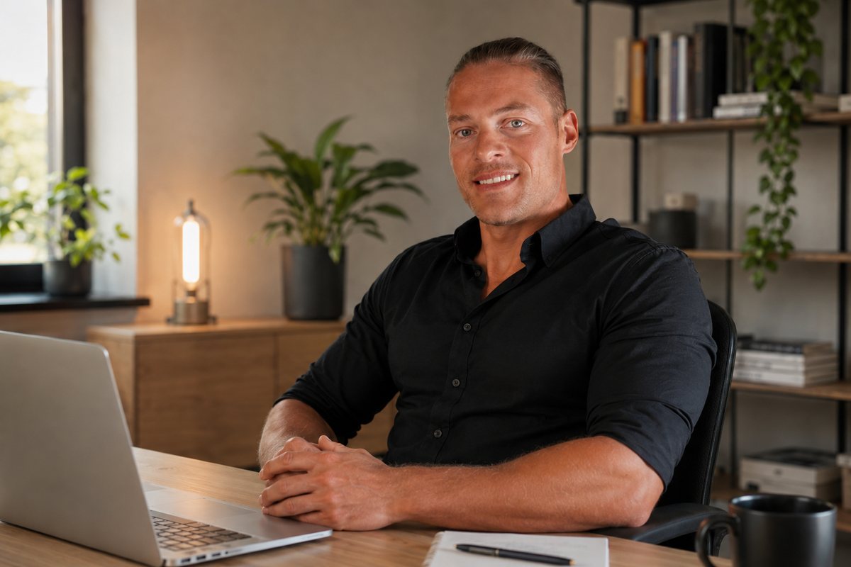 Cedric sitzt an einem Schreibtisch mit Laptop und blickt offen in die Kamera.