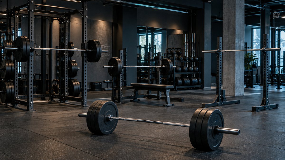 Kraftraum mit Power Rack, Flachbank und einer beladenen Langhantel am Boden