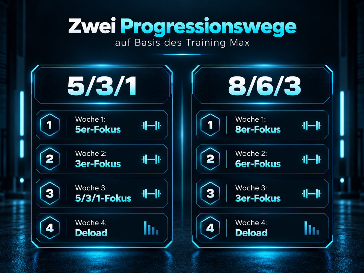 Infografik „Zwei Progressionswege auf Basis des Training Max“: links 5/3/1 mit Woche 1 5er-Fokus, Woche 2 3er-Fokus, Woche 3 5/3/1-Fokus und Woche 4 Deload; rechts 8/6/3 mit Woche 1 8er-Fokus, Woche 2 6er-Fokus, Woche 3 3er-Fokus und Woche 4 Deload.