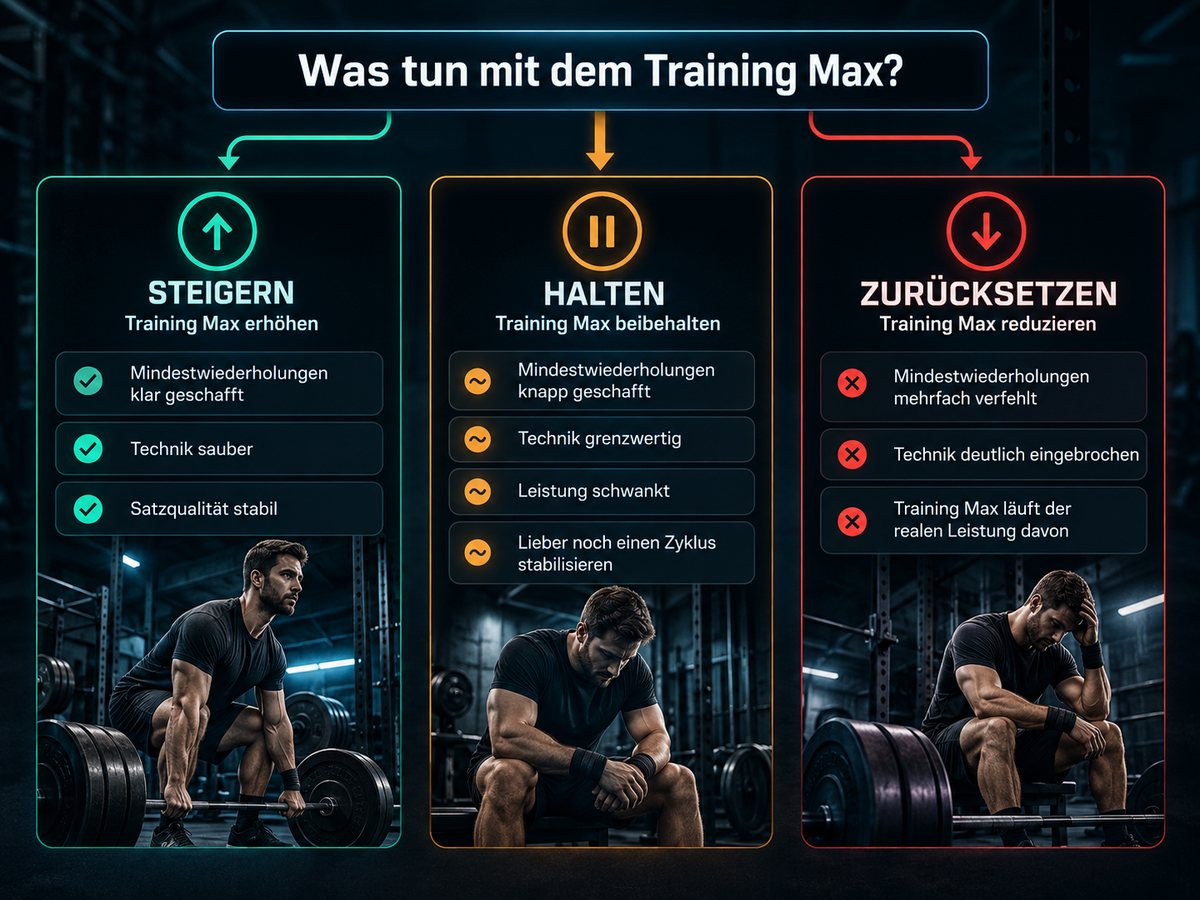 Infografik „Was tun mit dem Training Max?“ mit drei Spalten: Steigern bei klar geschafften Mindestwiederholungen, sauberer Technik und stabiler Satzqualität; Halten bei knapp geschafften Wiederholungen, grenzwertiger Technik und schwankender Leistung; Zurücksetzen bei mehrfach verfehlten Wiederholungen, deutlich eingebrochener Technik und einem Training Max, das der Leistung davonläuft.