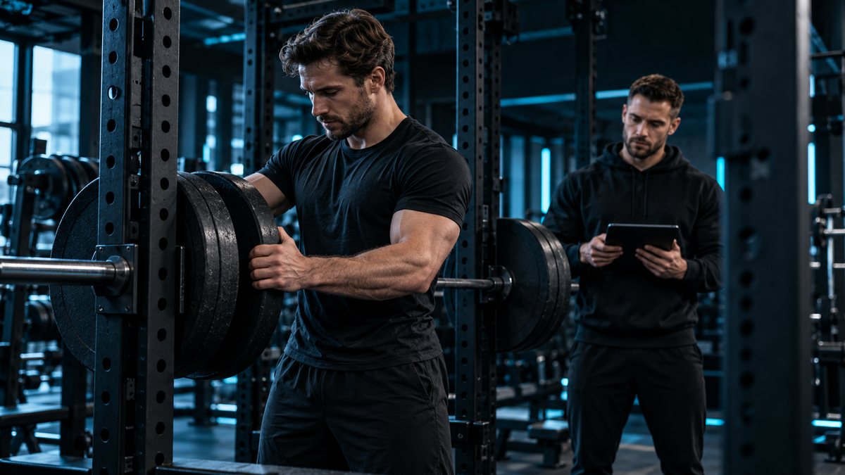 Athlet lädt im Power Rack eine Hantelscheibe auf die Langhantel, daneben ein Trainer, der auf ein Tablet schaut, in einem dunklen Gym