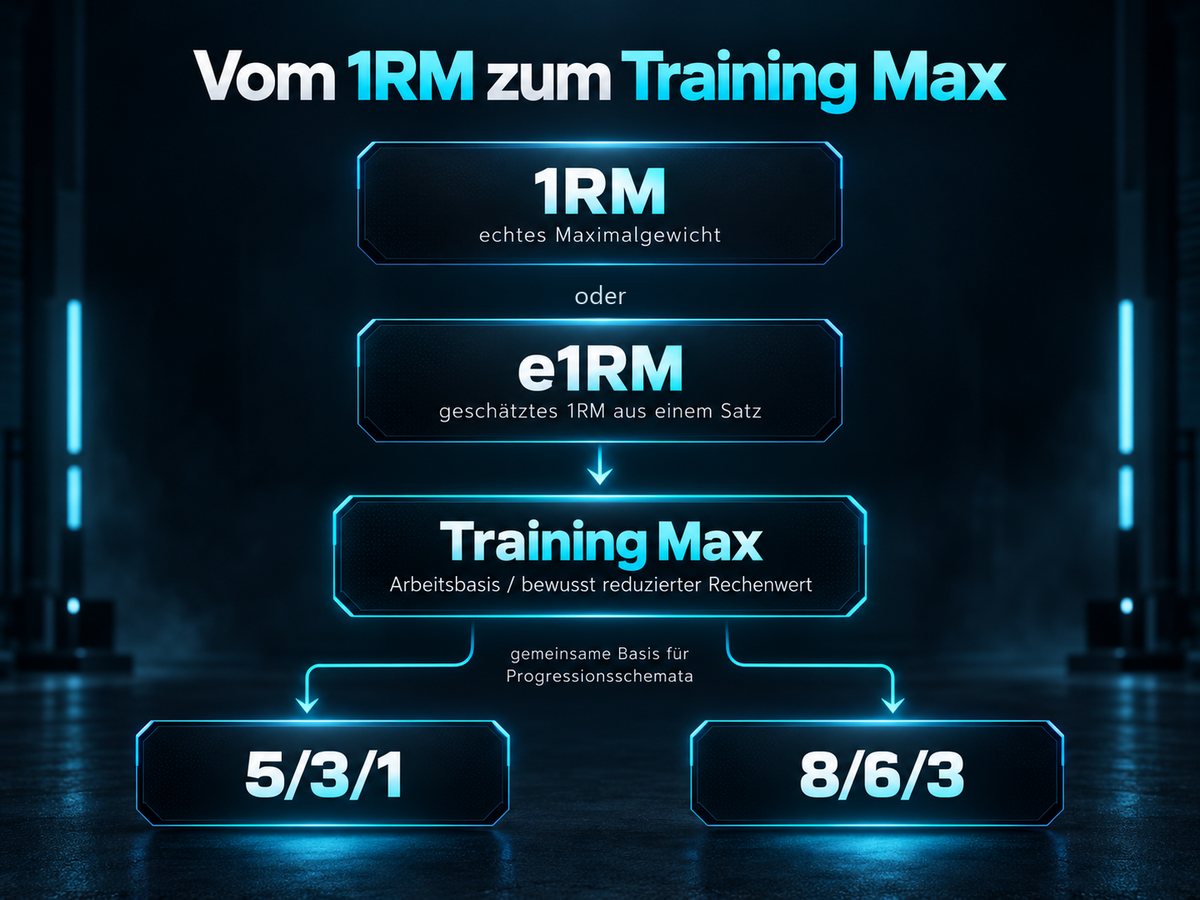 Schaubild „Vom 1RM zum Training Max“: 1RM als echtes Maximalgewicht oder e1RM als geschätztes 1RM aus einem Satz führen zum Training Max, dem bewusst reduzierten Rechenwert. Von dort verzweigt es zu den Progressionsschemata 5/3/1 und 8/6/3.