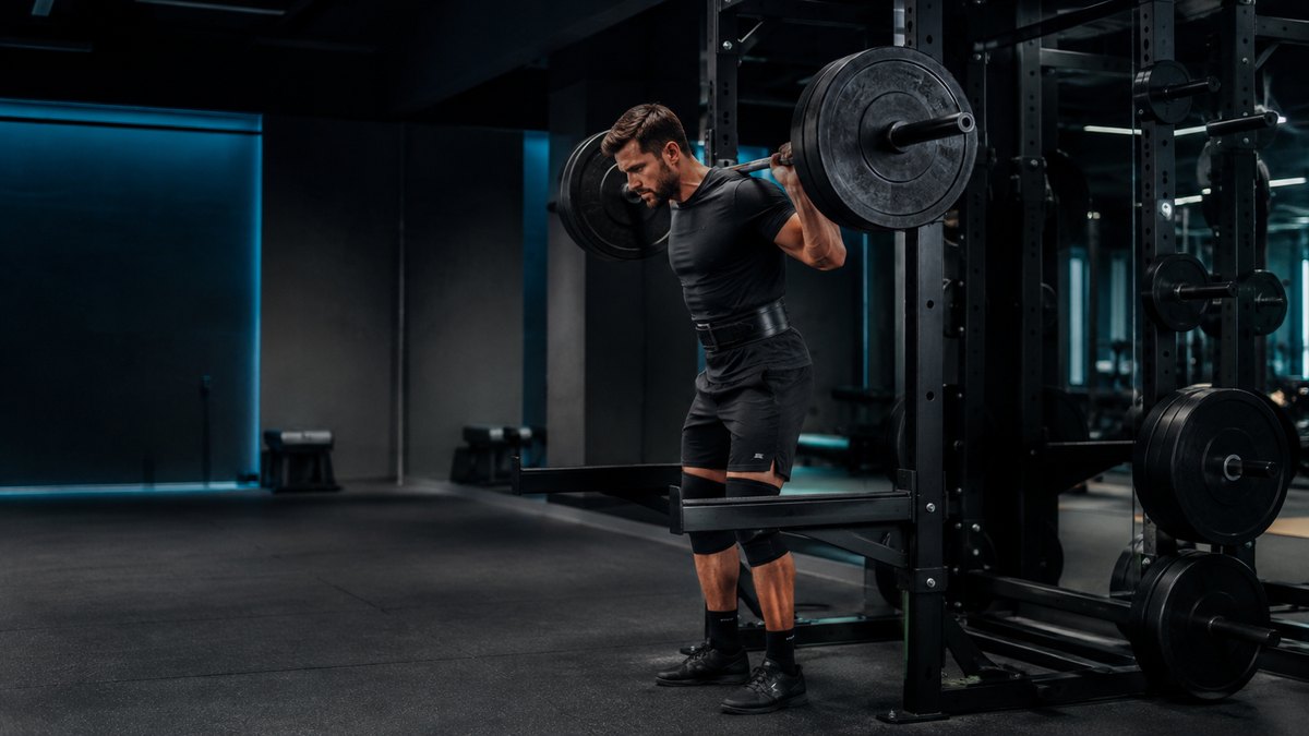 Athlet mit Langhantel im Nacken vor dem Power Rack bei der Kniebeuge
