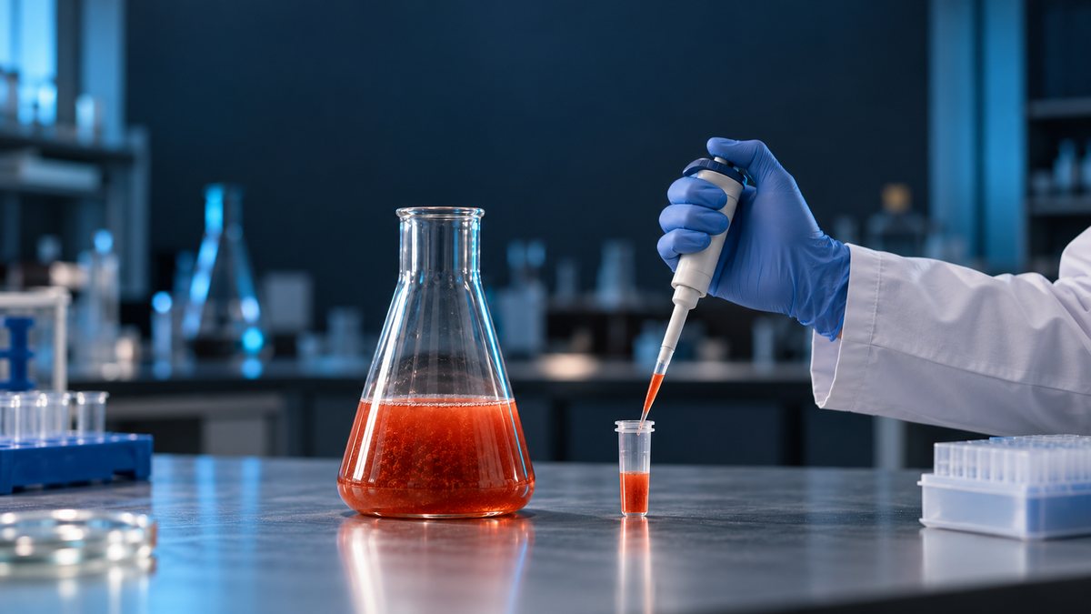 Laborszene mit roter Flüssigkeit im Erlenmeyerkolben und einer behandschuhten Hand an einer Pipette