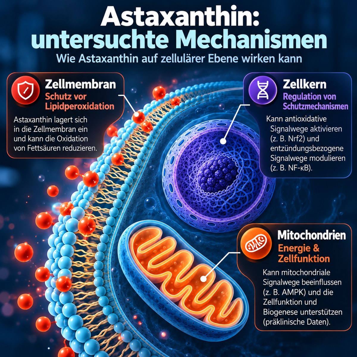 Schematische Zelle mit Membran, Zellkern und Mitochondrium zu Lipidperoxidation, Nrf2/NF-κB und AMPK