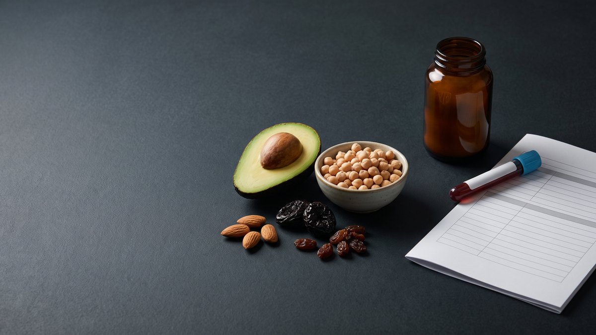 Halved avocado, a bowl of chickpeas, almonds, prunes and raisins next to an open unlabelled amber glass jar, a blood sample tube and a laboratory form on a dark surface