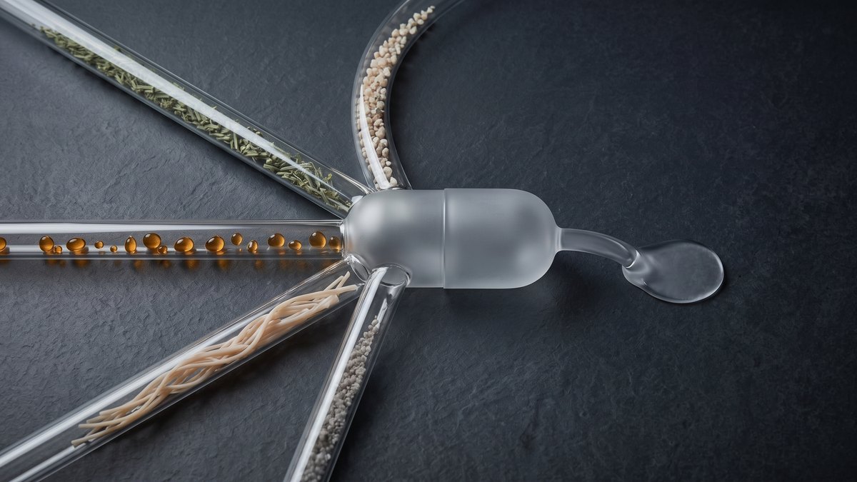 Five glass tubes with green plant fibres, pale grains, amber droplets, beige fibres and grey particles lead into a frosted capsule-shaped chamber with a single glass outlet