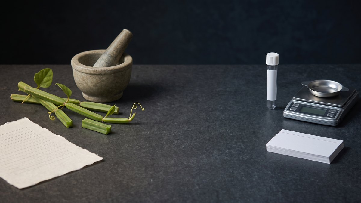 Angular Cissus stem pieces, a stone mortar and handmade paper on the left side of a table; on the right a sample tube, a precision scale and a stack of blank cards
