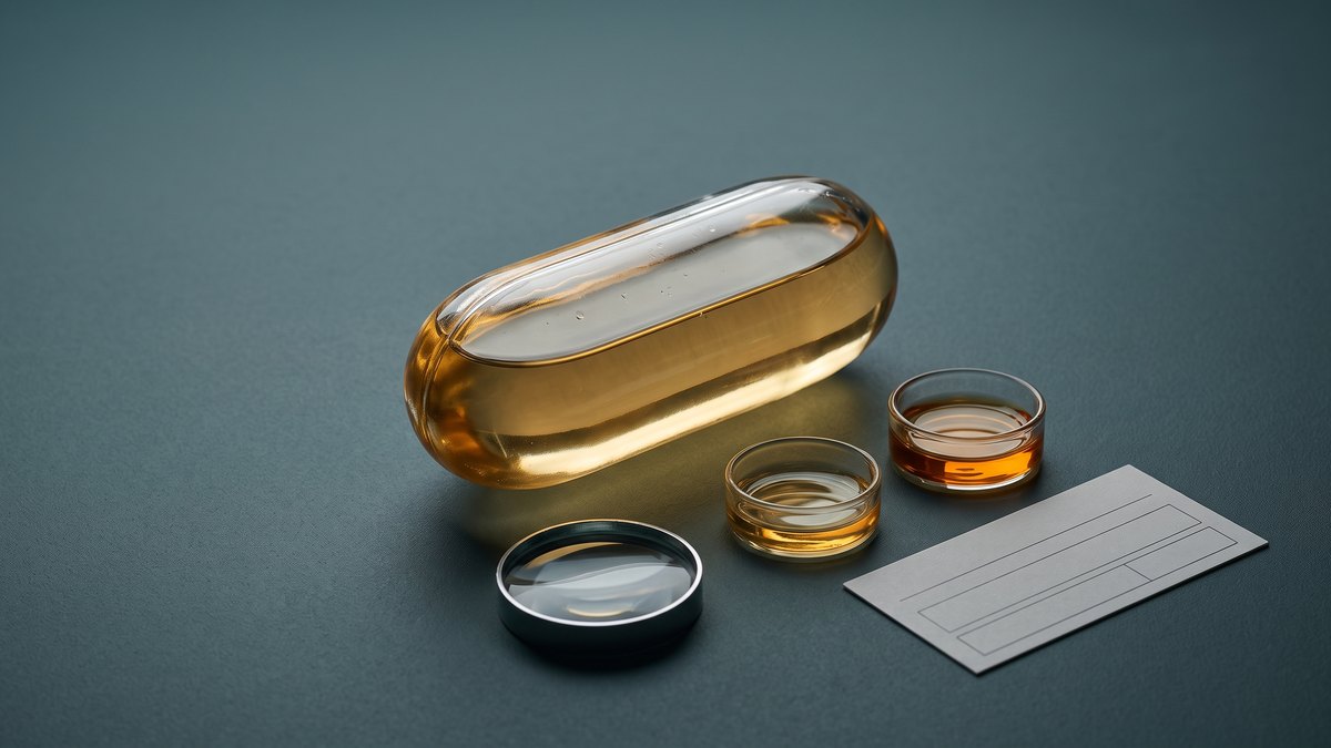 Large glass capsule model filled with golden oil next to two smaller oil samples, a magnifying lens and a blank label card