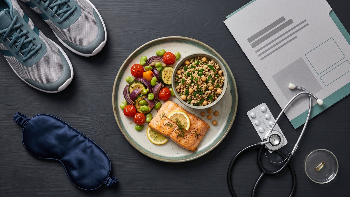 Overhead view of a plate with salmon, vegetables, pulses and grains, surrounded by running shoes, a sleep mask, a folder, a stethoscope, a blister pack and a single capsule in a small glass dish at the edge