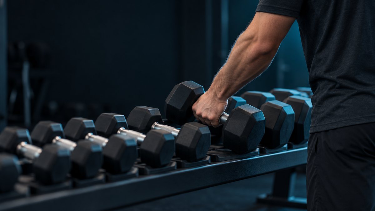 Eine Hand nimmt die nächstschwerere Kurzhantel aus einer Reihe, in der die Hanteln von links nach rechts in kleinen Schritten größer werden, in einem dunklen Trainingsraum