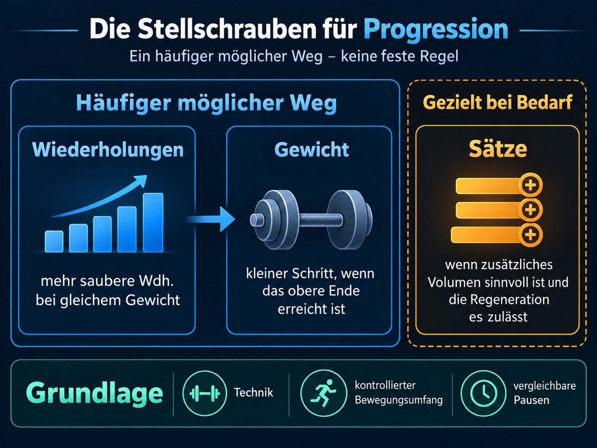 Infografik „Die Stellschrauben für Progression“ mit dem Untertitel „Ein häufiger möglicher Weg – keine feste Regel“: links als häufiger möglicher Weg Wiederholungen (mehr saubere Wiederholungen bei gleichem Gewicht) mit einem Pfeil zu Gewicht (kleiner Schritt, wenn das obere Ende erreicht ist); rechts abgesetzt Sätze, gezielt bei Bedarf, wenn zusätzliches Volumen sinnvoll ist und die Regeneration es zulässt. Darunter als Grundlage Technik, kontrollierter Bewegungsumfang und vergleichbare Pausen.