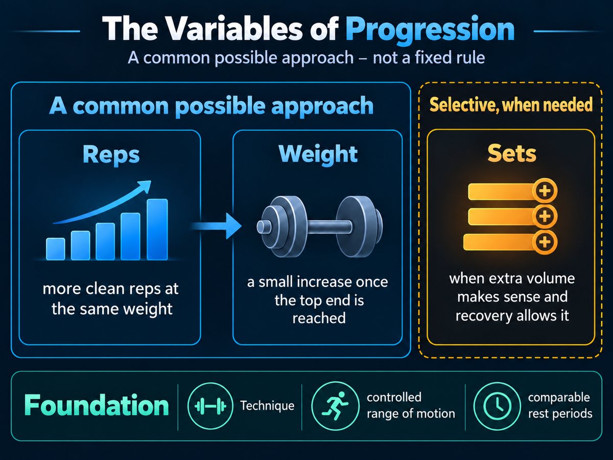 Infographic “The Variables of Progression” with the subtitle “A common possible approach – not a fixed rule”: on the left, as a common possible approach, reps (more clean reps at the same weight) with an arrow to weight (a small increase once the top end is reached); set apart on the right, sets, used selectively when extra volume makes sense and recovery allows it. Underneath, the foundation: technique, controlled range of motion and comparable rest periods.