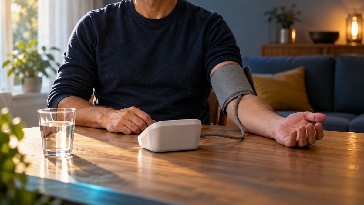 A seated person with a blood pressure cuff on the upper arm, the arm resting on a wooden table