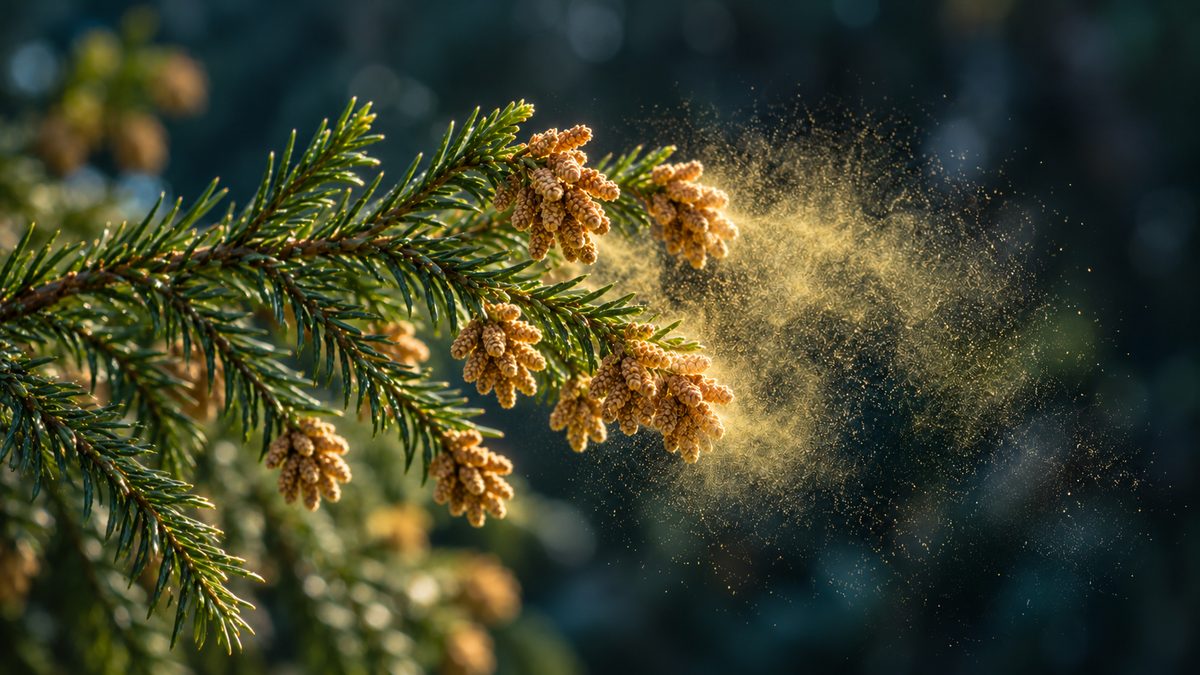 A conifer branch with small male cones releasing yellow pollen in backlight