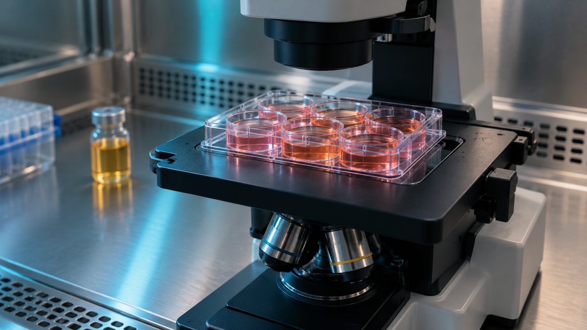A cell culture plate with pink culture medium on the stage of a laboratory microscope inside a safety cabinet