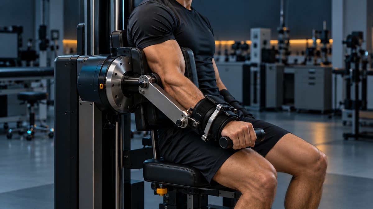 The arm of a seated person attached to an elbow-flexion strength testing machine in a sports laboratory