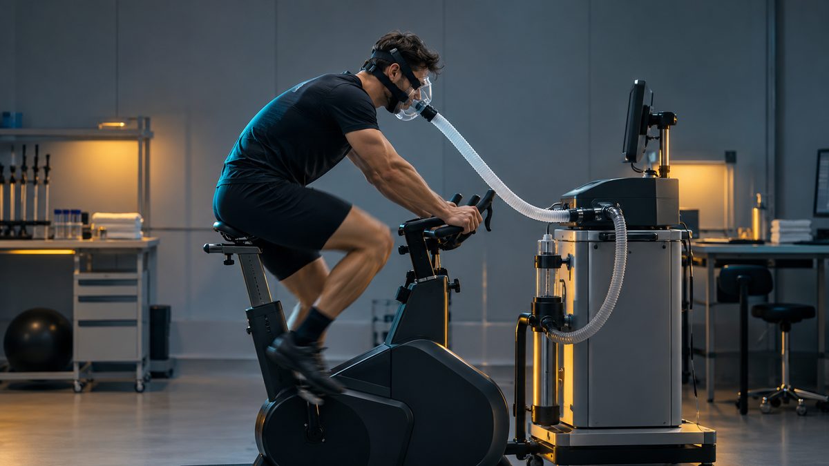 An athlete on a laboratory exercise bike wearing a breathing mask connected by a hose to a measuring device