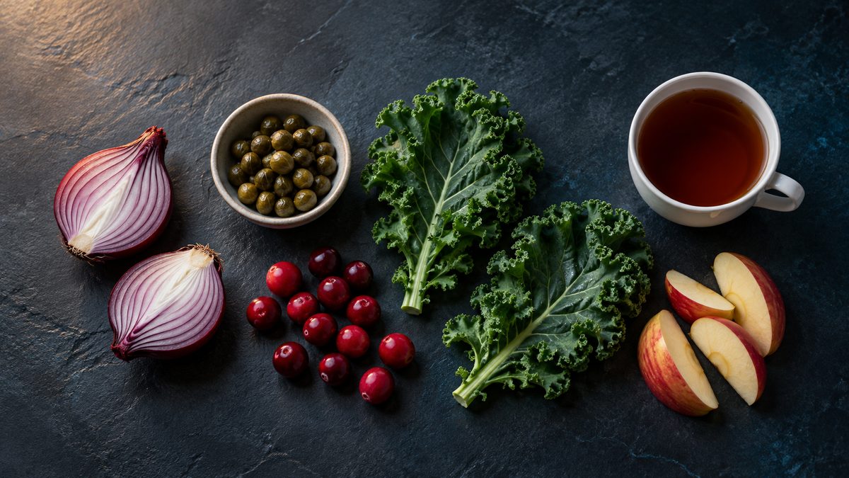 Top view of red onion halves, capers, kale, cranberries, apple wedges and a cup of black tea