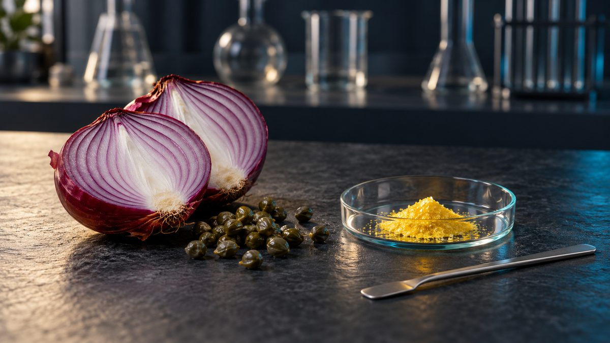 A halved red onion and capers next to a glass dish of yellow powder on dark stone