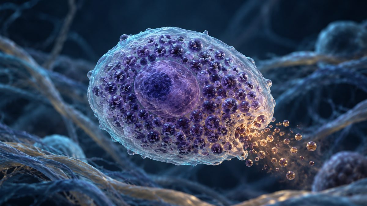 Illustration of a mast cell with a nucleus and many dark granules, some of which are being released
