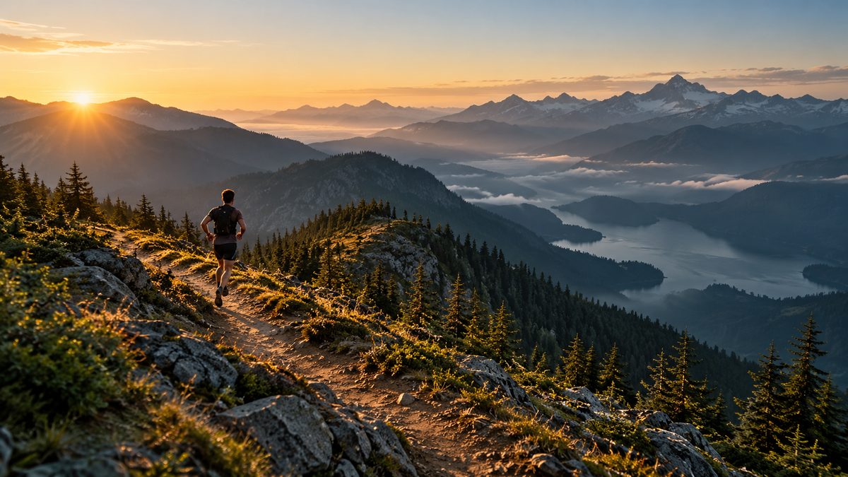 A lone trail runner on a mountain path at sunrise