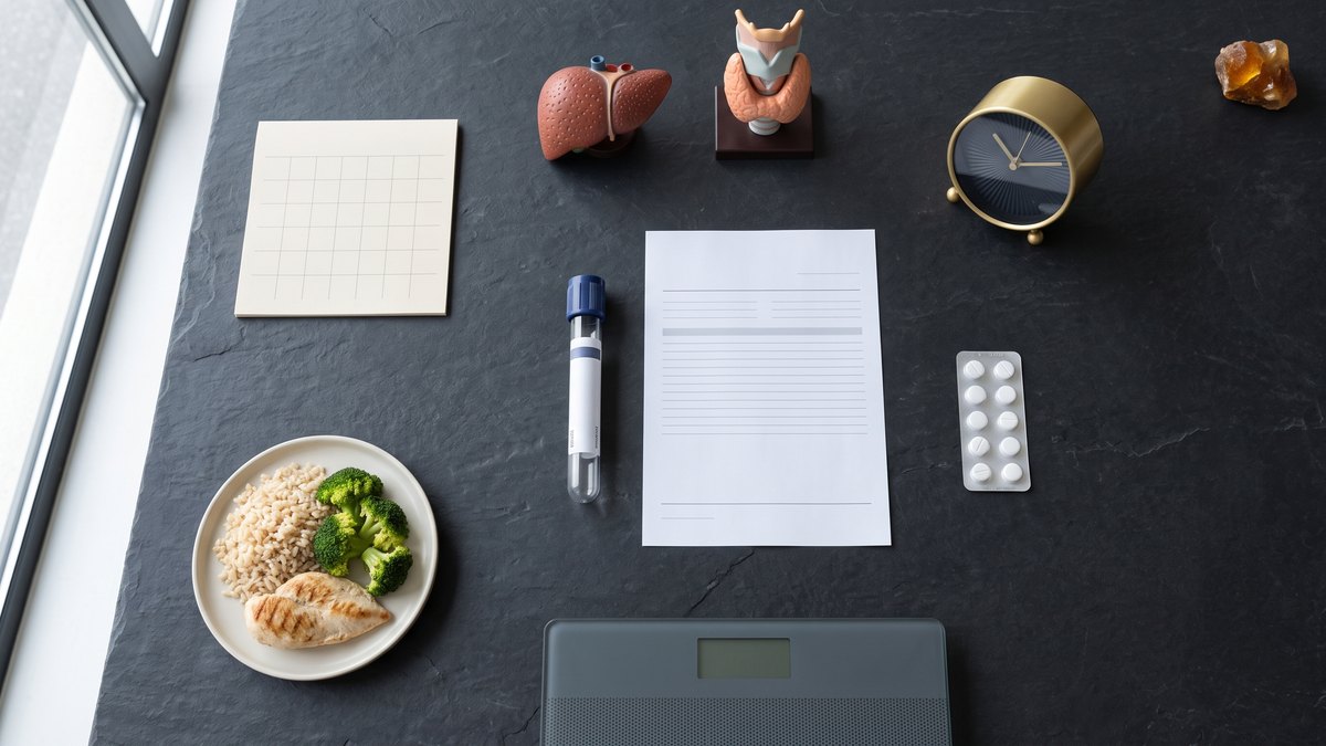 Overhead view of a dark work surface: a blood sample tube and laboratory report in the centre, surrounded by a liver model and a thyroid model, an alarm clock, a calendar sheet, a blister pack, a plate with chicken, rice and broccoli, bathroom scales and a small amber mineral at the edge