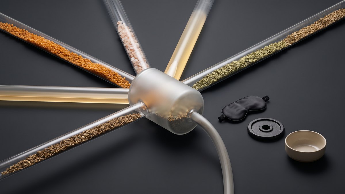 Six glass tubes with granules, crystals, golden liquid and plant particles lead into a frosted chamber with a single grey outlet hose; beside it a sleep mask, a weight plate and a bowl