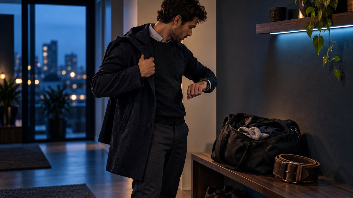Mann im dunklen Mantel schaut im abendlichen Flur auf seine Armbanduhr; daneben stehen auf einer Holzbank eine offene Sporttasche und ein Gewichthebergürtel, darunter Trainingsschuhe, im Hintergrund Stadtlichter hinter einer Fensterfront