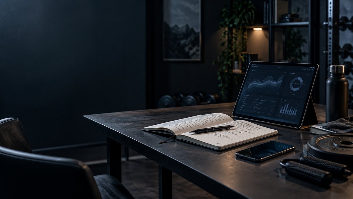 Ruhiger Arbeitsplatz mit aufgeschlagenem Notizbuch, Tablet mit Auswertungen und Trainingsequipment
