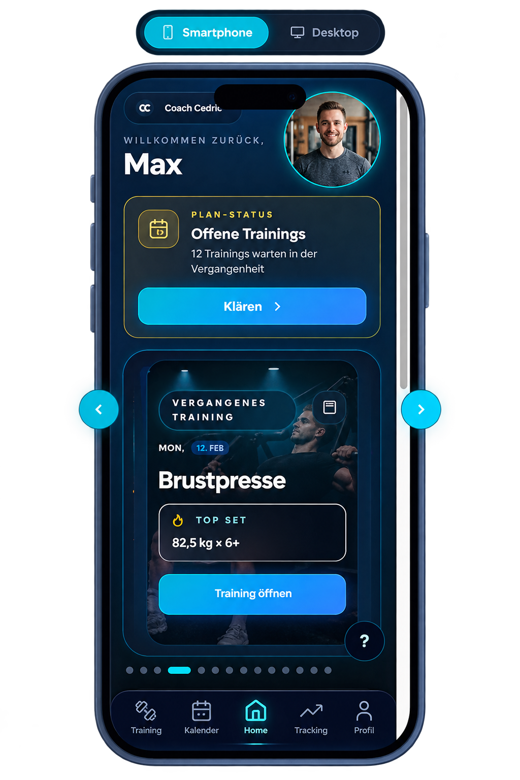 Smartphone-Vorschau der Coach Cedric App mit Trainingskarte, Kalender und Tracking-Navigation.