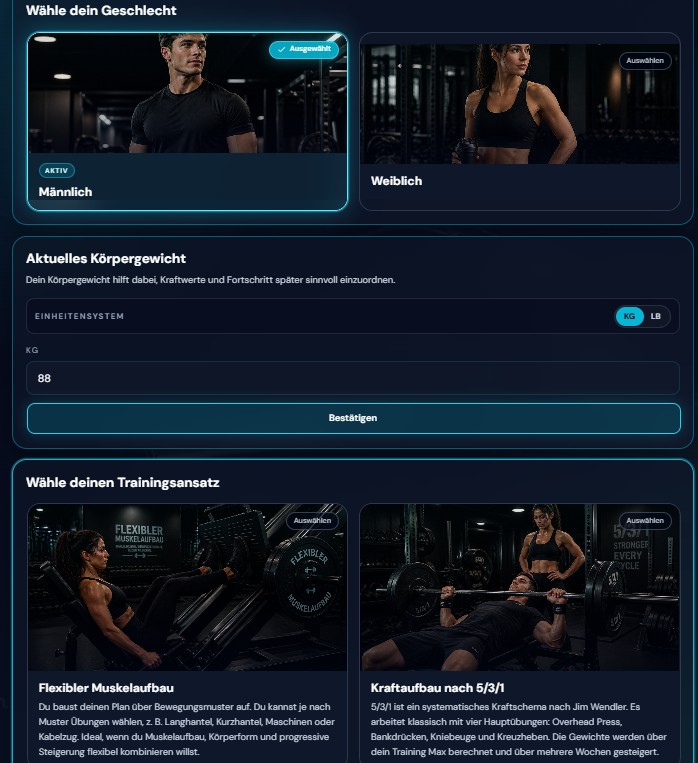 Trainingsplan-Generator mit Körpergewicht und Auswahl zwischen Muskelaufbau und 5/3/1.
